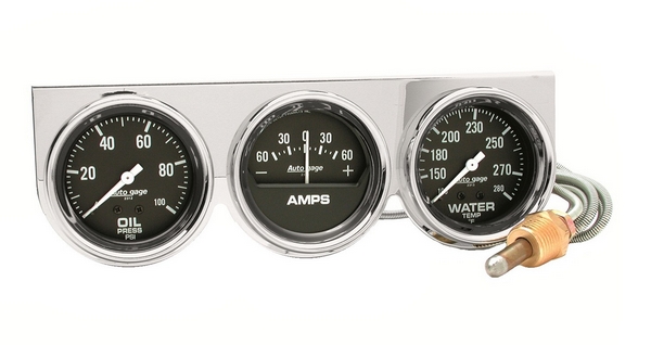 GAUGE CONSOLE, OILP/WTMP/AMP, 2-5/8", 100 PSI/280 F/60A, BLK DIAL, CHROME